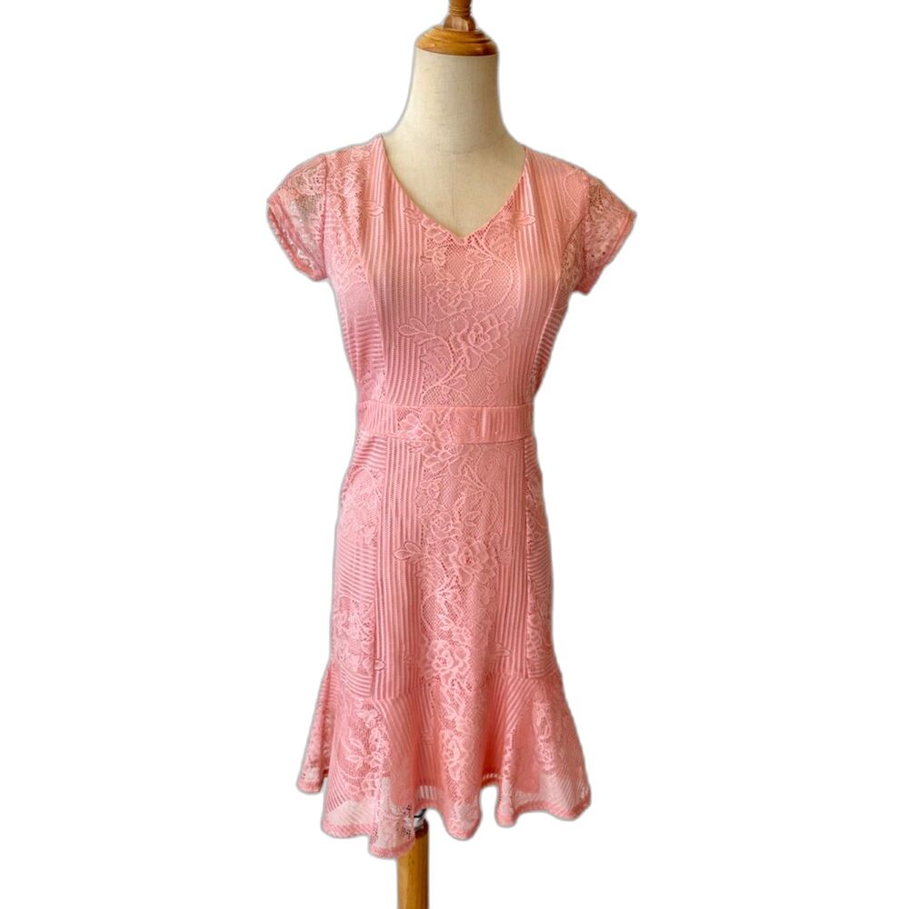 NY Collection Pink Lace Dress Fit Flare XS Petite Cap Sleeve